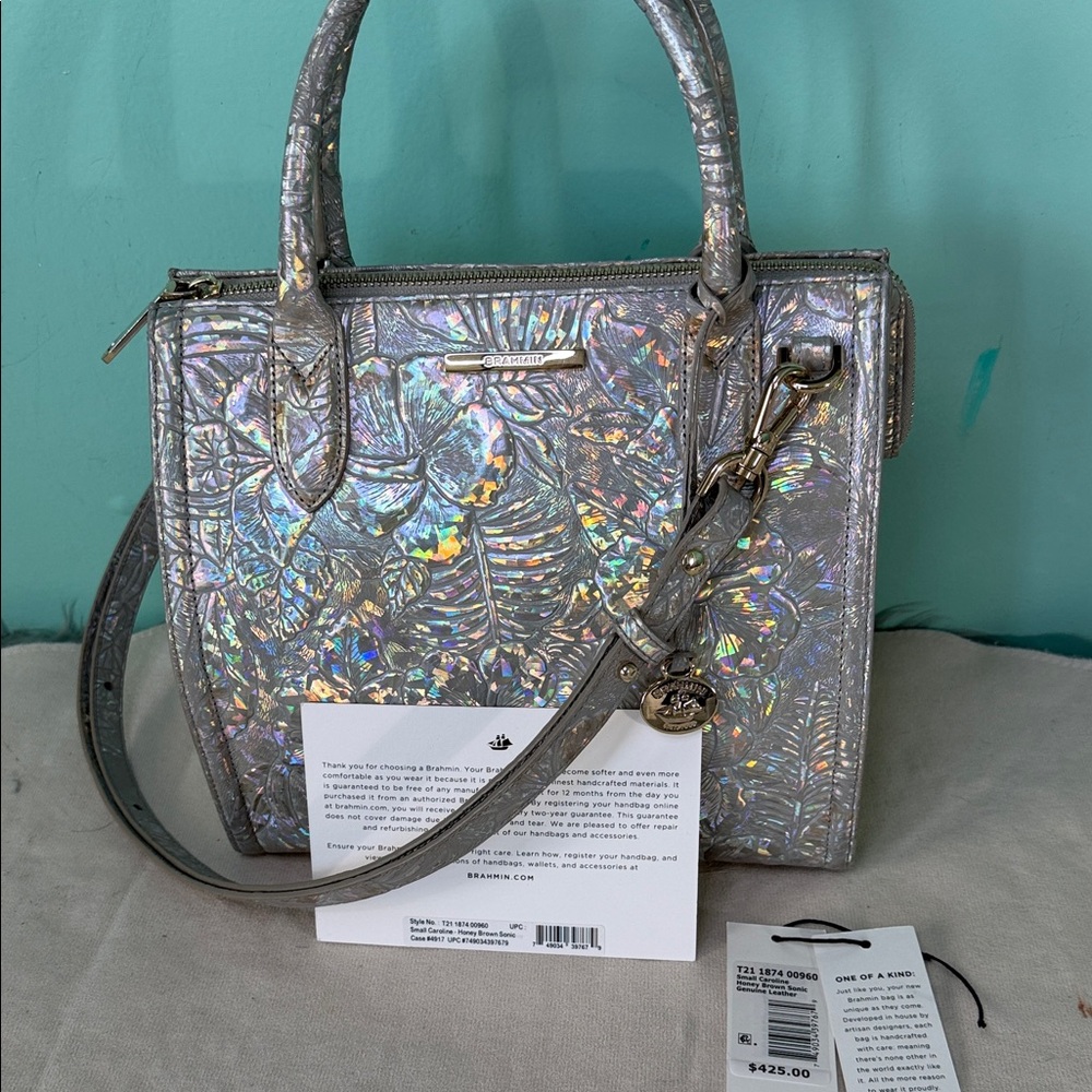 Brahmin Small Carolina Honey Brown  Conic   Embossed Satchel in Silver